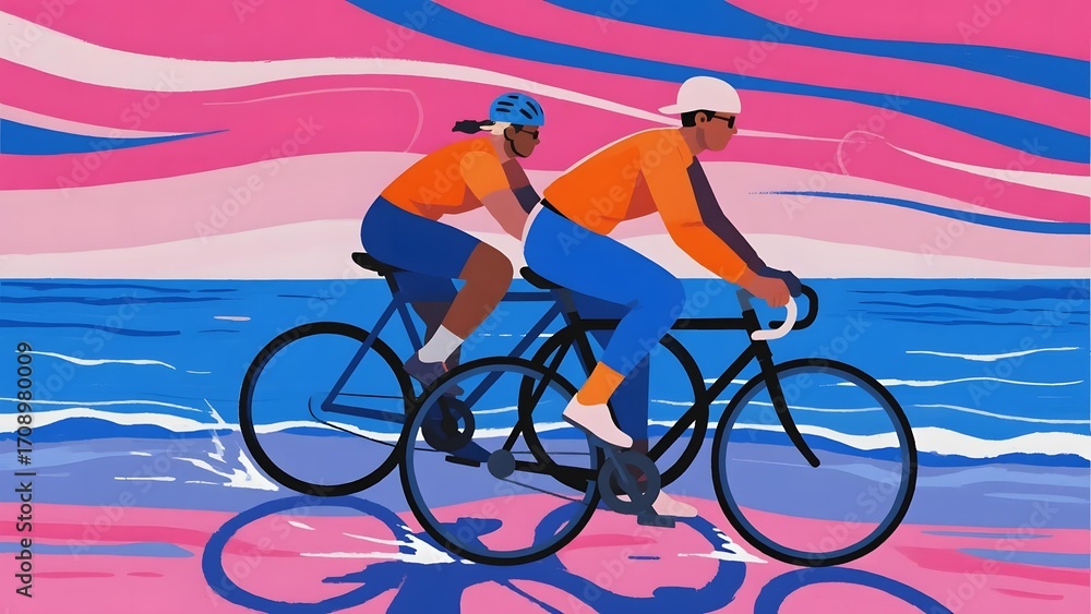Fototapeta premium Two cyclists in vibrant attire riding bicycles against a colorful, wavy background.