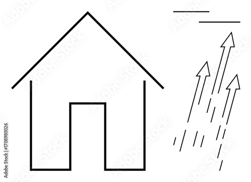 Minimalist house outline with upward arrows and motion strokes depicting progress, innovation, protection, growth, security, sustainability, or housing development. Ideal for eco-living, energy real