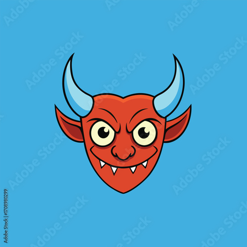 Devil head illustration with horns, displayed on a striking blue background.