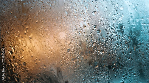 Water droplets on a misted window, showing a blurred background of warm and cool tones