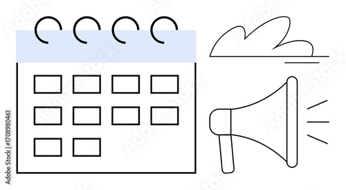 Spiral calendar with highlighted section and loudspeaker emitting sound waves beside a minimalistic cloud. Ideal for event planning, announcements, communication, productivity, scheduling