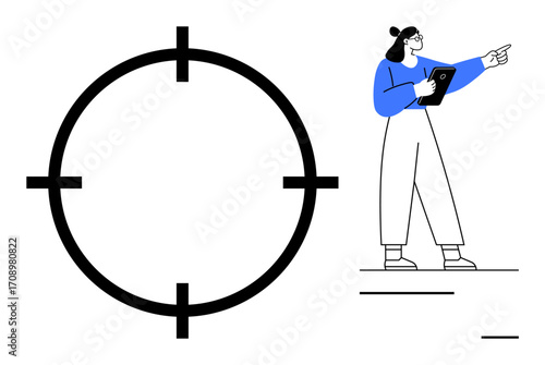 Woman holding tablet gesturing towards large target circle. Ideal for focus, goal setting, business strategy, leadership, planning, motivation, presentation. Simple landing page