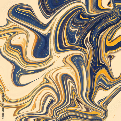 Modern abstract marble swirl in navy blue and yellow tones, fluid lines creating dynamic movement for art, fashion, or creative backgrounds.