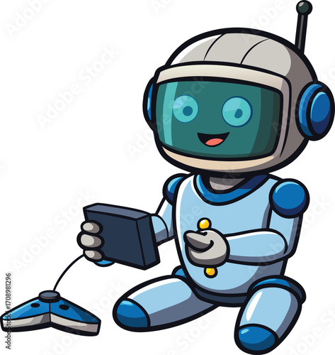 A cheerful cartoon robot engaged in a video game, focused on the screen with a game controller in its grasp.
