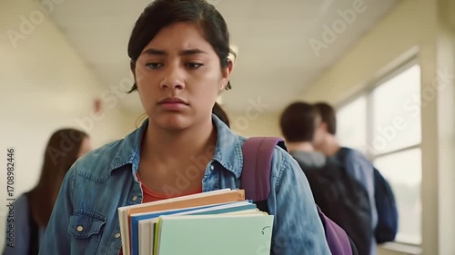 Pensive Teenage Girl with Documents Walking in Bright School Hallway Wearing Denim Jacket and Carrying Purple Backpack