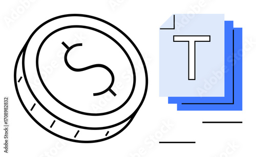 Coin with dollar sign and layered documents highlight finance, wealth, economy, digital payment, data management, investment plans. Ideal for fintech, business, reports apps technology banking