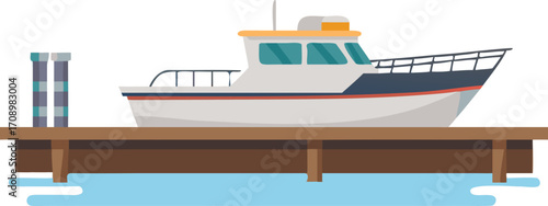 A boat is securely docked at a wooden pier, surrounded by calm water and a clear blue sky.