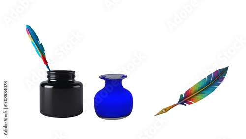 set of illustrations of antique quills and ancient inkwells