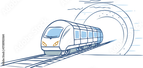A train travels through a dark tunnel, surrounded by rocky walls, on its tracks.