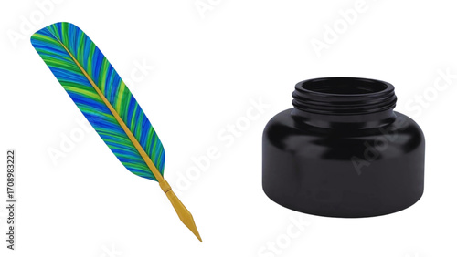 illustration of an antique feather pen and black inkwell for writing ancient letters