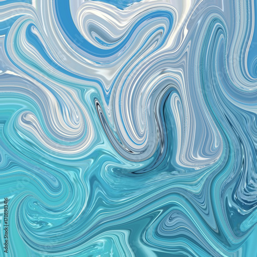 Abstract fluid blue and white swirl resembling ocean waves, creating a calm and soothing background perfect for spa, relaxation, or coastal designs.

