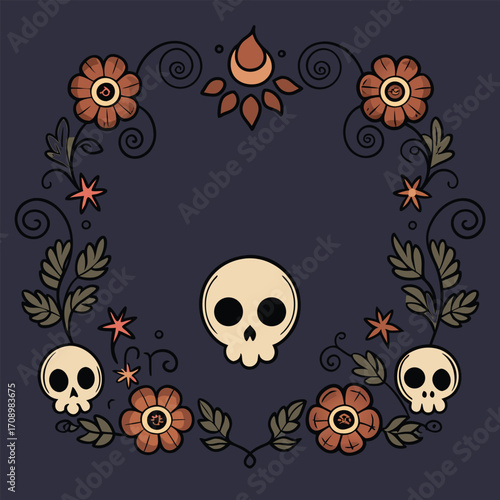 Skulls and bright flowers form a wreath on a dark background, blending macabre and beauty in a unique design.