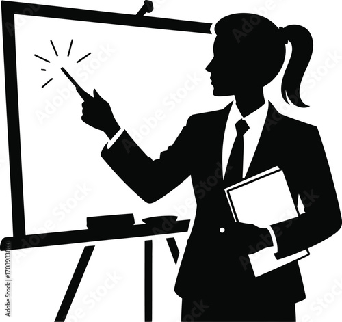Businesswoman delivering a corporate presentation with a pointer silhouette