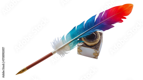 Beautiful colored quill pen and inkwell, close-up of one object used for writing calligraphy