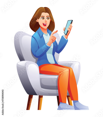 Young woman using a smartphone while sitting comfortably in a modern armchair. Vector cartoon illustration