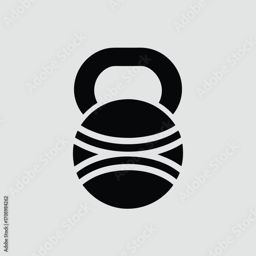 Black kettlebell icon on a gray background, symbolizing fitness and strength training.