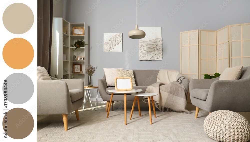 Fototapeta premium Interior of modern living room with sofa, armchairs, coffee tables, folding screen and shelving unit. Different color patterns