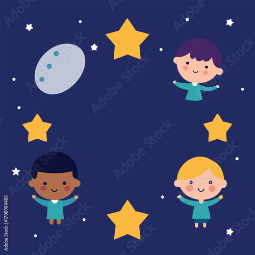 A group of children in space, gazing at vibrant stars and planets, showcasing the beauty of the cosmos.