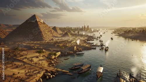 Panoramic View of Golden Pyramids and Boats Along Nile River at Sunset