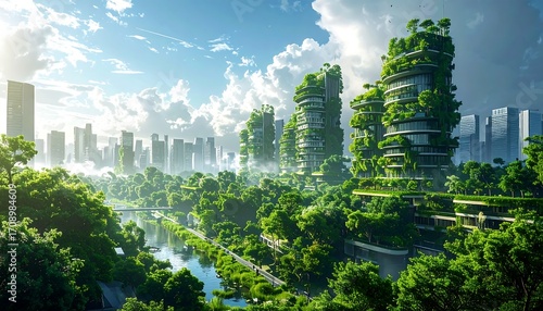 A future city concept with skyscrapers integrated with lush greenery, a river, and a bright sunny sky