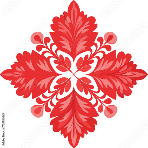 A striking red floral pattern set against a clean white background, showcasing detailed flowers and foliage.