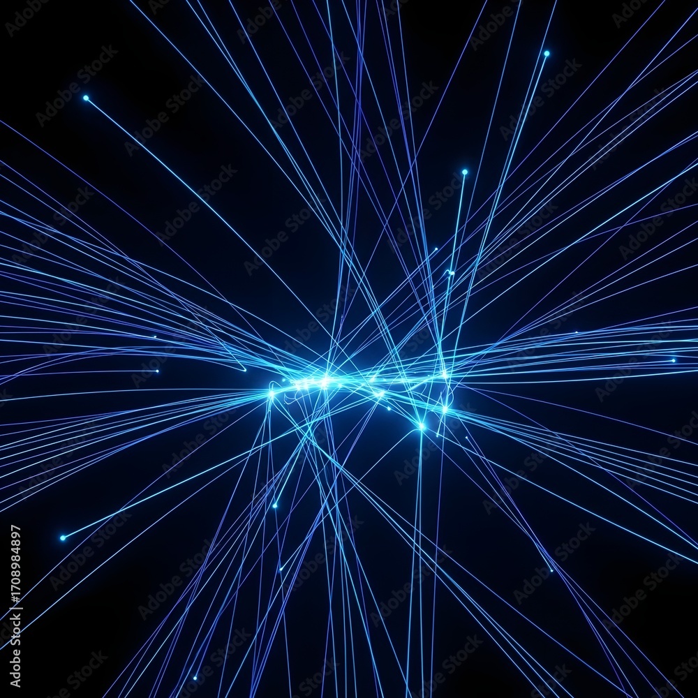 Fototapeta premium Digital Fiber Optic Light Streaks in Blue on Black Background