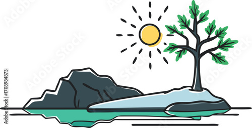 A serene lake scene featuring a tree and rock, with the sun setting in the background, casting warm light on the water.