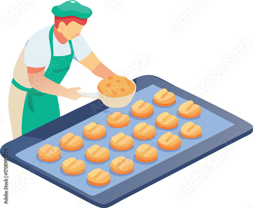 A man wearing an apron prepares cookie dough on a tray, ready for baking in a cozy kitchen.