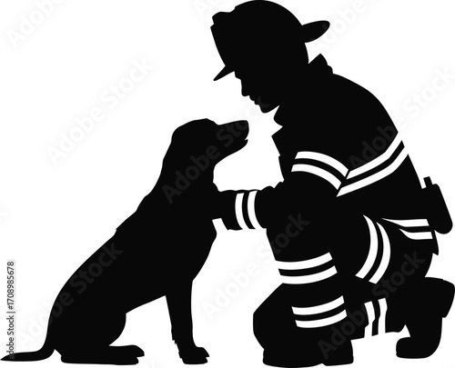 Heroic firefighter kneeling with loyal dog silhouette