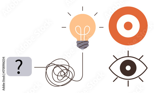 Flow from question mark through tangled path to lightbulb, target, and eye conveys innovation, clarity, and focus. Ideal for creativity, strategy, problem-solving, vision goal-setting insight
