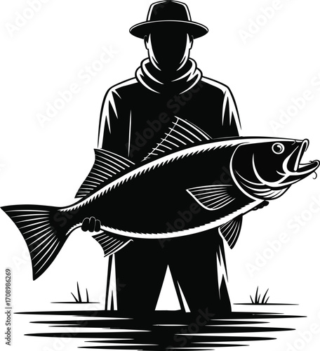 Fisherman proudly displays large fish catch silhouette