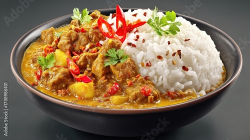 A dark bowl holds a curry with rice.  Spicy meat curry topped with rice, garnished with red chilies and herbs