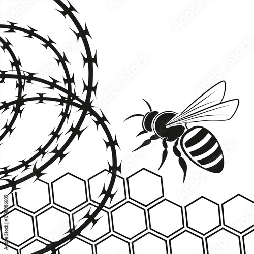 Bee and Barbed Wire with Honeycomb insect honeybee