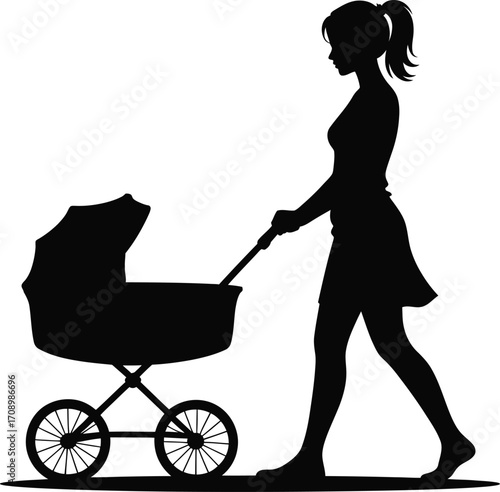 Mother pushing a baby stroller in a silhouette style