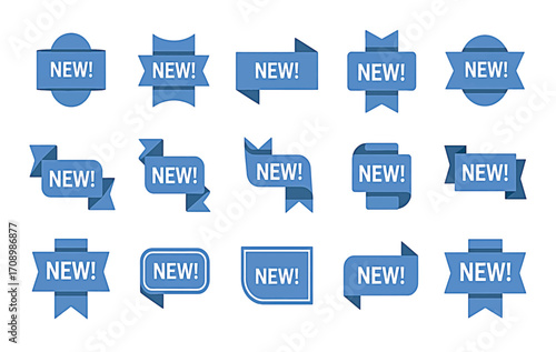 Collection of different blue banners with the word NEW in white letters, perfect for product launches and marketing campaigns