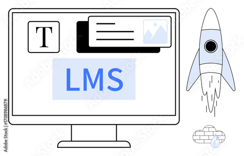 Computer monitor with LMS interface, text, and image block. Rocket launching beside cloud storage icon. Ideal for education, innovation, e-learning, data storage, technology success simple flat