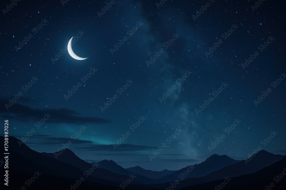Obraz premium Crescent moon hanging above star filled night sky over distant mountains with faint aurora and soft clouds minimal serene landscape