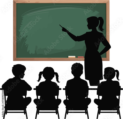 Teacher standing in front of a classroom silhouette with students