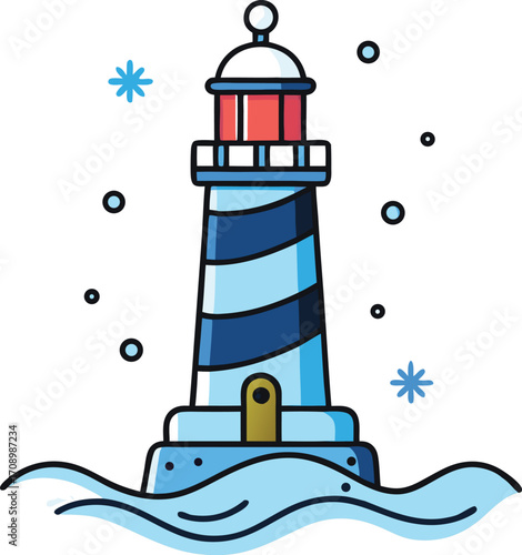 Iconic vector illustration of a lighthouse, showcasing a tall tower with a beacon and surrounding ocean waves.
