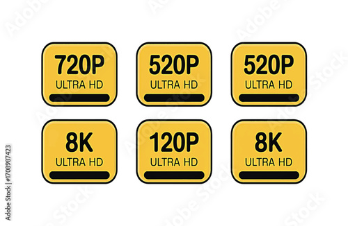 Various Ultra HD and 8K Resolution Labels Showcasing Display Technologies and Visual Clarity