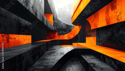 A futuristic abstract architectural rendering with a striking blend of black and orange, showcasing complex geometric shapes and perspective