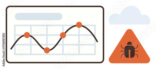 Chart with fluctuating line graph and nodes, triangular warning sign with bug symbol, and cloud. Ideal for data analysis, cybersecurity, software testing, risk assessment, technology