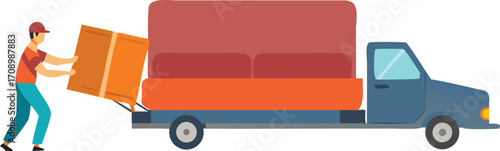 A man is loading a couch onto a truck for transportation.
