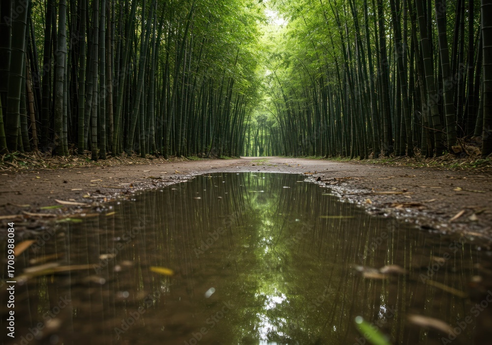 Obraz premium Bamboo forest path with puddle