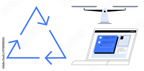 Blue recycling arrows, balance scale signifying equity, and laptop with document interface. Ideal for sustainability, environmental awareness, digital balance, technology, fairness, ethical