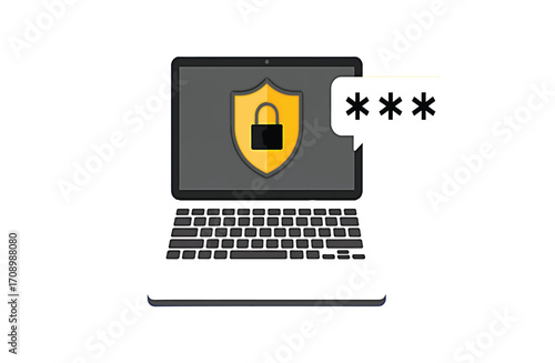 Digital security concept A laptop displaying a shield and padlock, representing robust data protection and secure online access through password authentication