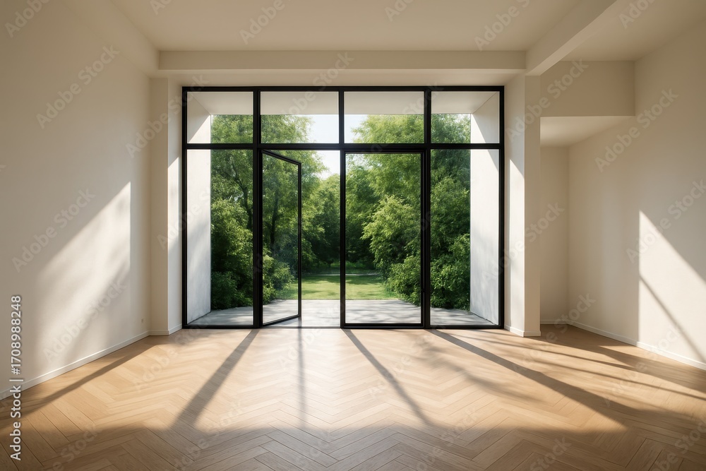 Fototapeta premium Minimalist loft interior with herringbone oak floor floor to ceiling glass opening to lush garden serene natural light and ample blank wall copy space