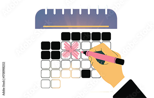 Conceptual image illustrating the process of planning and organizing events by marking a specific date on a monthly calendar with a colorful pen