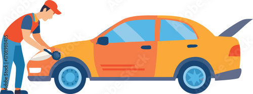 Vector image depicting a car mechanic performing repairs in a garage, representing car repair services.