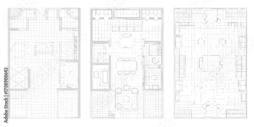 Architectural floor plan drawings of three modern apartment layouts with furniture and room divisions